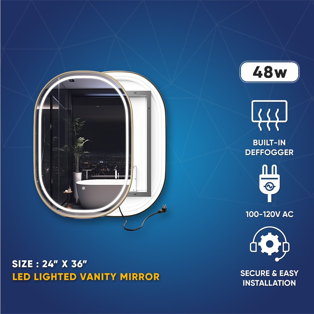 24 in. X 36 in. LED Lighted Bathroom Mirror with Gold Frame, Touch Sensor Switch and CCT Remembrance, CRI 90+, Evo Style