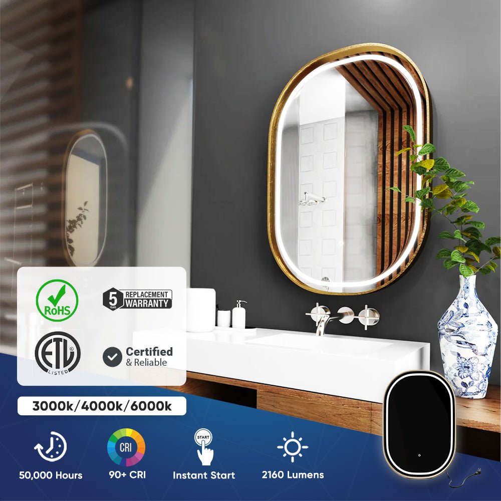 24 in. X 36 in. LED Lighted Bathroom Mirror with Gold Frame, Touch Sensor Switch and CCT Remembrance, CRI 90+, Evo Style