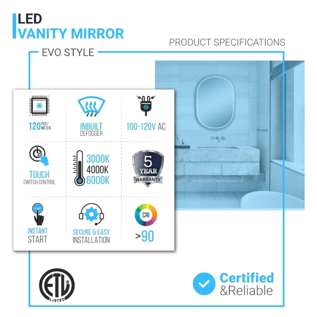 24 in. X 36 in. LED Lighted Bathroom Mirror with Gold Frame, Touch Sensor Switch and CCT Remembrance, CRI 90+, Evo Style