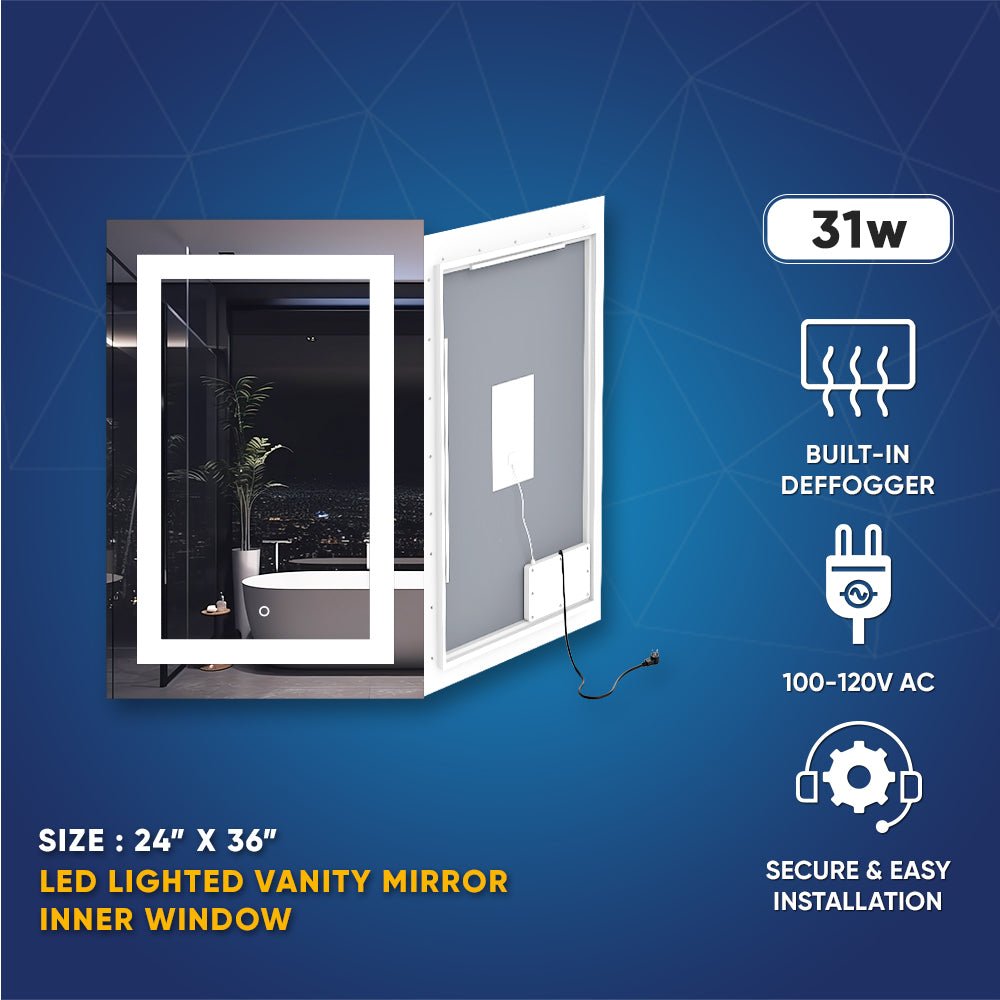 24 in. X 36 in. LED Lighted Bathroom Vanity Mirror, Adjustable Color Temperature & Remembrance, Touch Button, CRI 90+, Anti-Fog, Inner Window Style