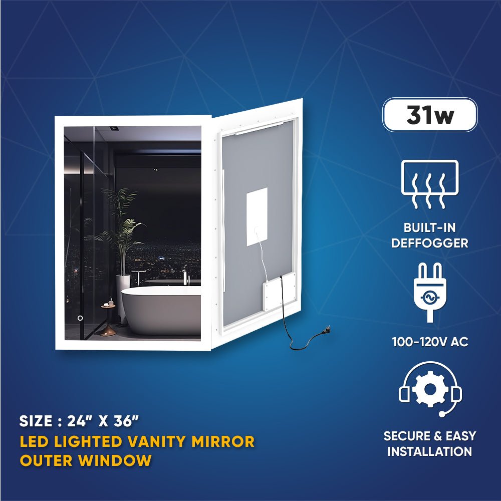 24 in. x 36 in. LED Lighted Bathroom Vanity Mirror, On/Off Touch Switch, CRI 90+, CCT Changeable With Remembrance, Anti-Fog Mirror, Wall Mounted Makeup Vanity Mirror, Window Style