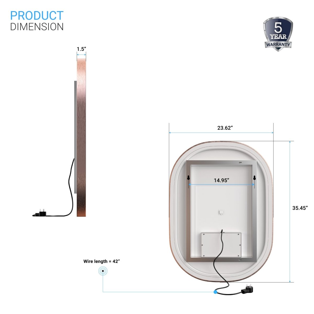 24 in. X 36 in. LED Lighted Bathroom Vanity Mirror with Rose Gold Frame, Anti-Fog, CRI 90+, Adjustable Color Temperature & Remembrance, Lighted Makeup Mirrors, Evo Style