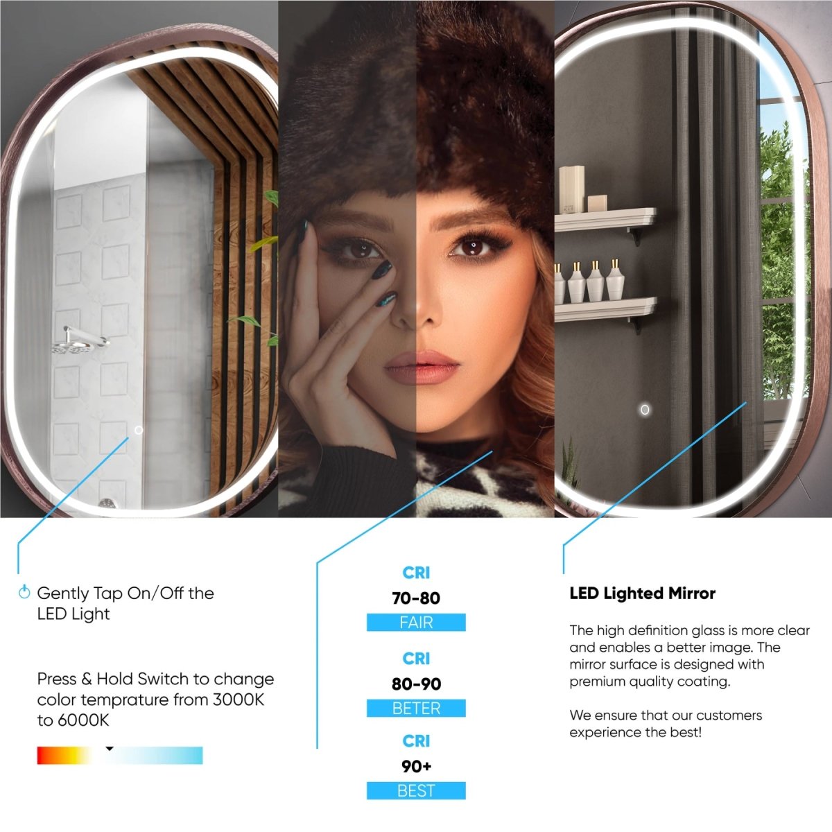 24 in. X 36 in. LED Lighted Bathroom Vanity Mirror with Rose Gold Frame, Anti-Fog, CRI 90+, Adjustable Color Temperature & Remembrance, Lighted Makeup Mirrors, Evo Style