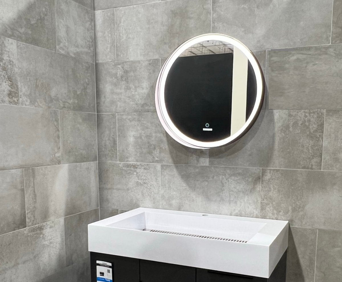 24 Inch Round LED Lighted Bathroom Vanity Mirror with Shelf, Touch Switch, Defogger and CCT Remembrance, CRI 90+, Raven Round Style