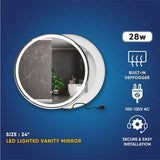 24 Inch Round LED Lighted Bathroom Vanity Mirror with Shelf, Touch Switch, Defogger and CCT Remembrance, CRI 90+, Raven Round Style