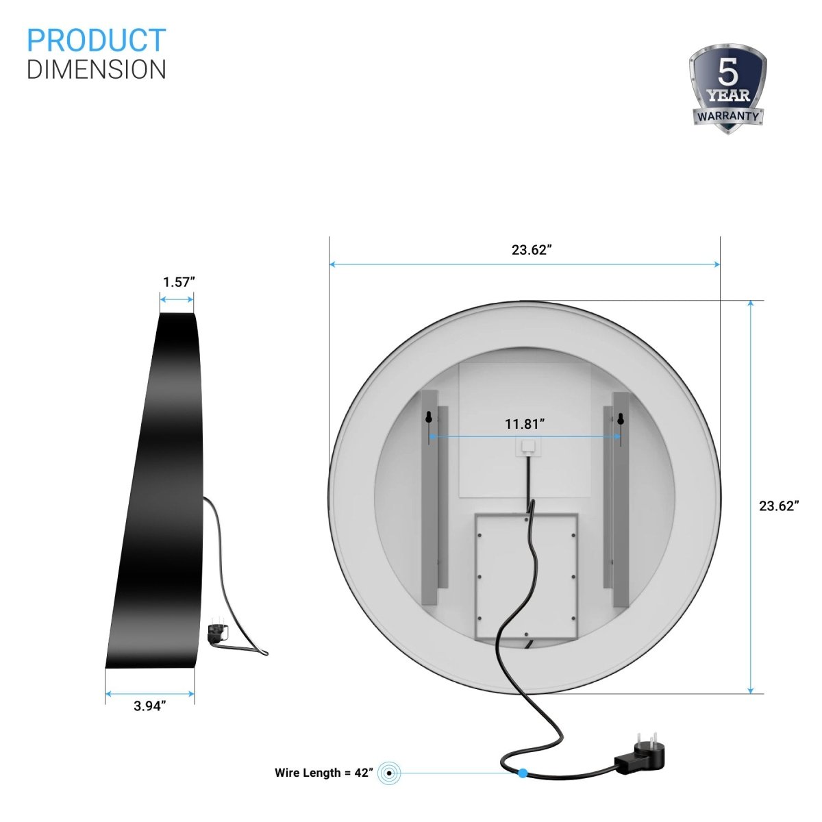 24 Inch Round LED Lighted Bathroom Vanity Mirror with Shelf, Touch Switch, Defogger and CCT Remembrance, CRI 90+, Raven Round Style