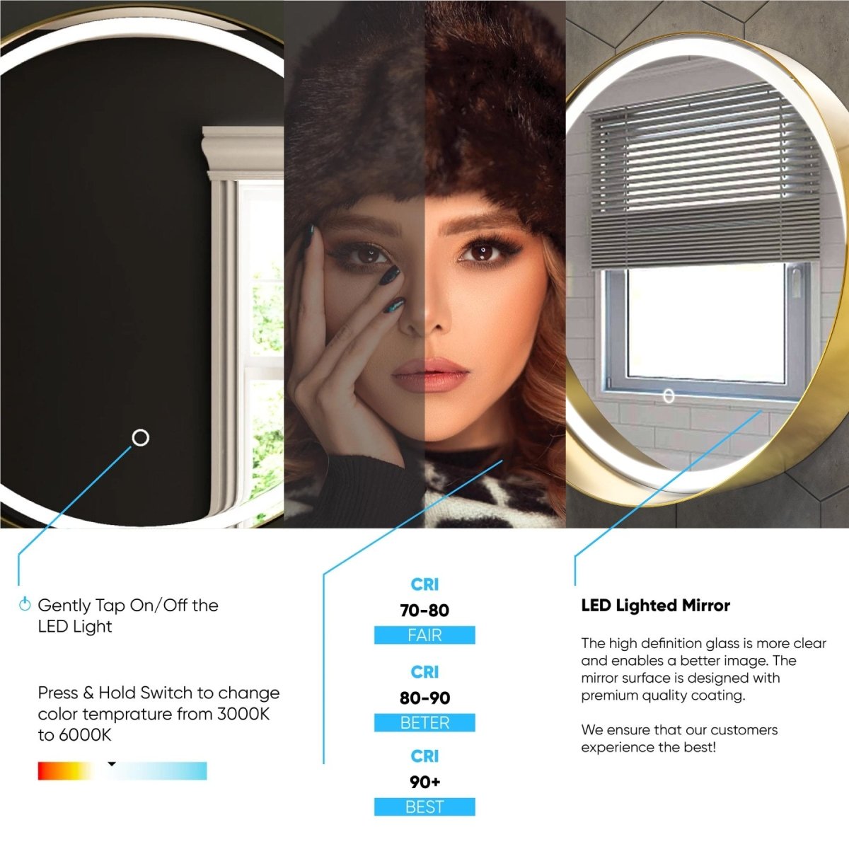 24 Inch Round LED Lighted Bathroom Vanity Mirror with Shelf, Touch Switch, Defogger and CCT Remembrance, CRI 90+, Raven Round Style
