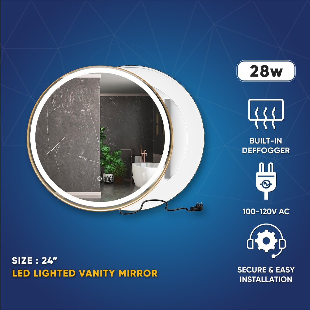 24 Inch Round LED Lighted Bathroom Vanity Mirror with Shelf, Touch Switch, Defogger and CCT Remembrance, CRI 90+, Raven Round Style