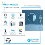 24 Inch Round LED Lighted Bathroom Vanity Mirror with Shelf, Touch Switch, Defogger and CCT Remembrance, CRI 90+, Raven Round Style