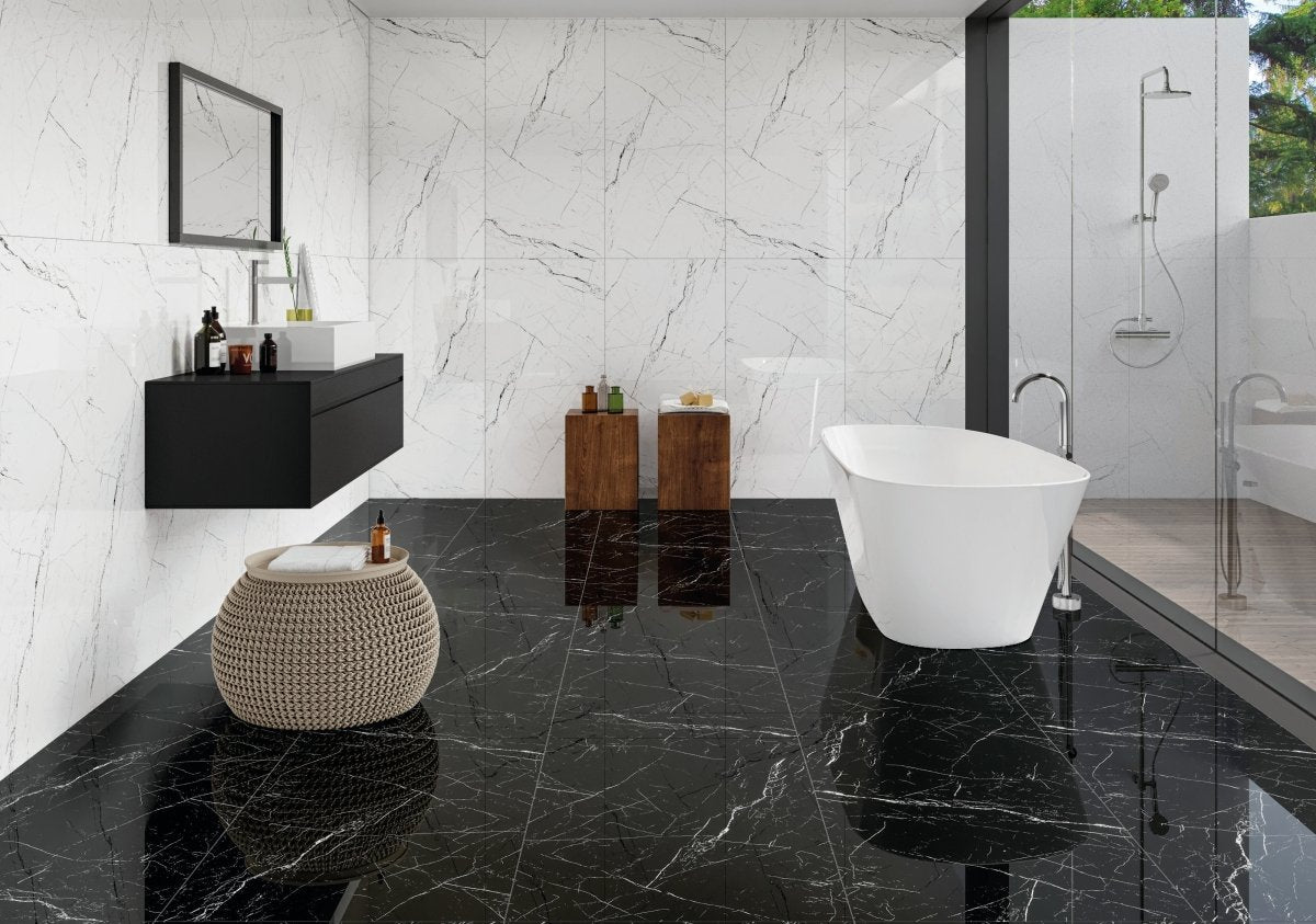 24" x 48" Pietra Black Polished Porcelain Wall & Floor Tile