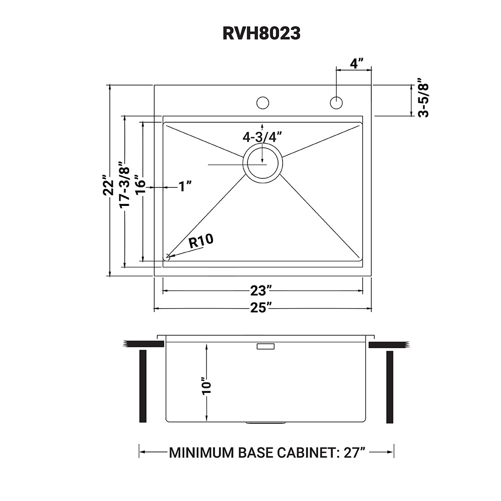 25 x 22 inch Workstation Drop-in Tight Radius Topmount 16 Gauge Stainless Steel Ledge Kitchen Sink Single Bowl