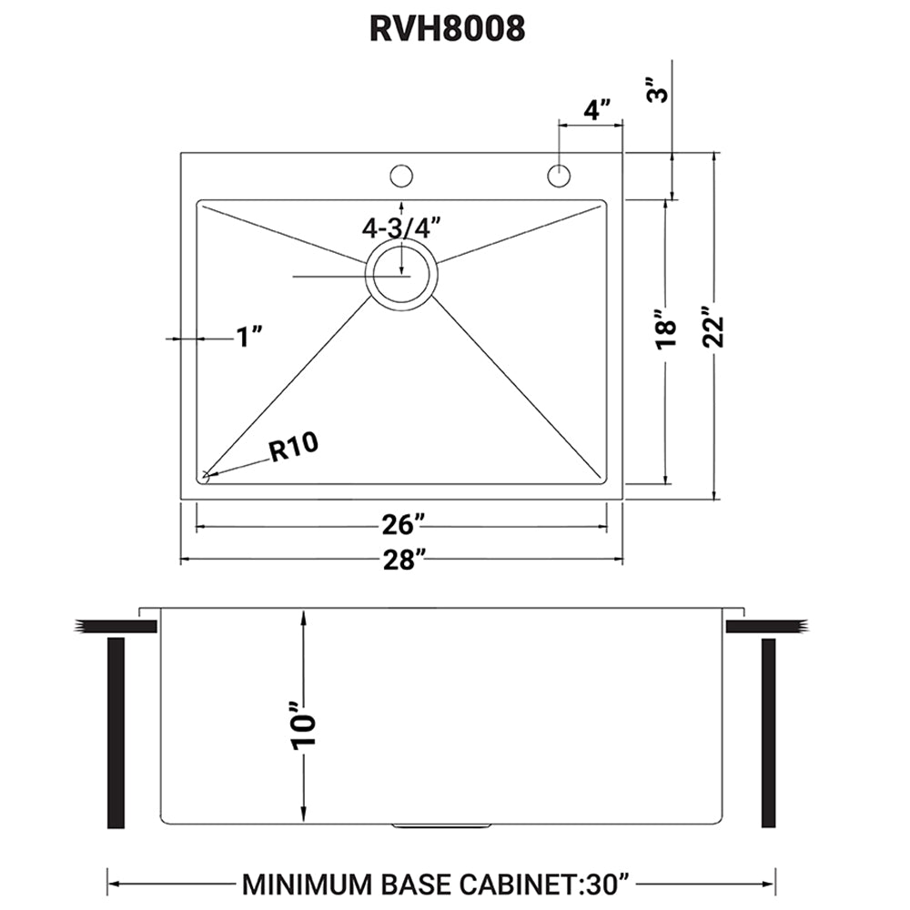 28-inch Drop-in Tight Radius Topmount 16 Gauge Stainless Steel Kitchen Sink Single Bowl