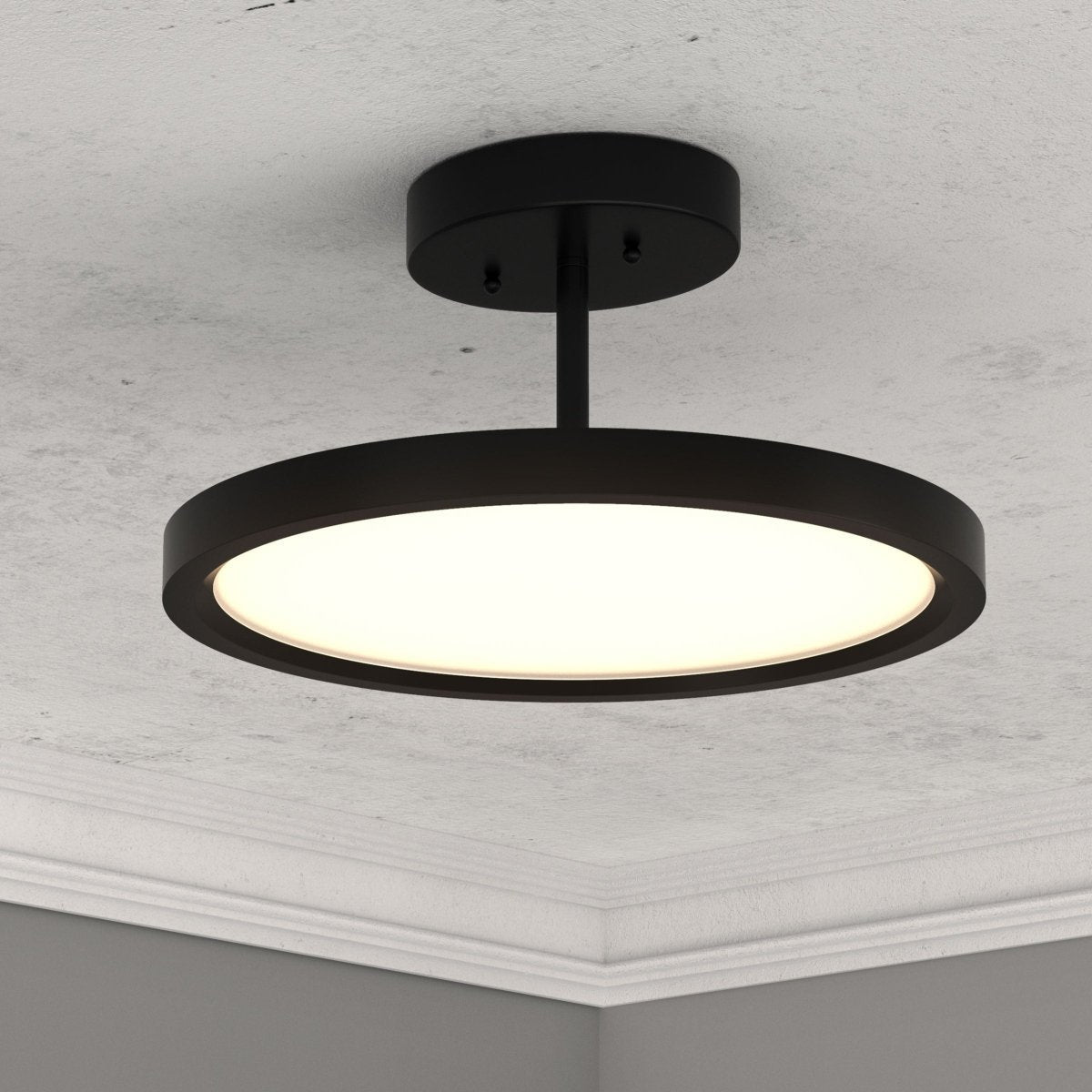 28W Round Shape LED Semi Flush Mount Ceiling Lights, Matte Black Finish with White Acrylic Shade, 1950LM, Dimmable