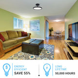 28W Round Shape LED Semi Flush Mount Ceiling Lights, Matte Black Finish with White Acrylic Shade, 1950LM, Dimmable