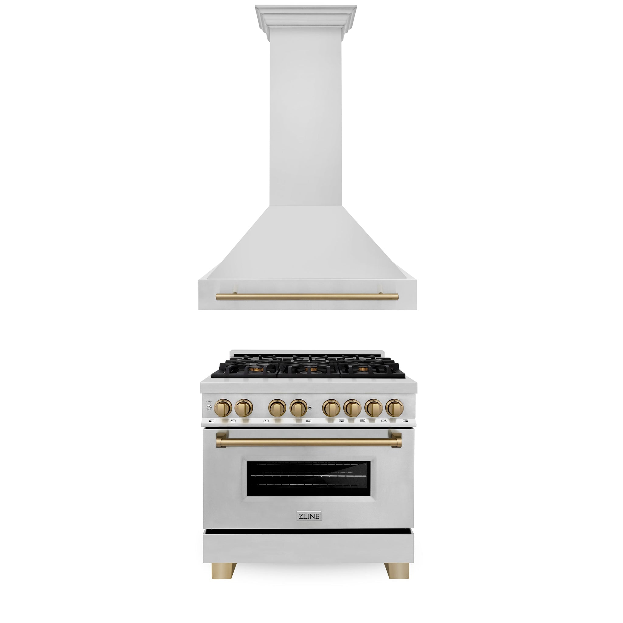 ZLINE 36" Autograph Edition Kitchen Package with Stainless Steel Dual Fuel Range and Range Hood with Champagne Bronze Accents (2AKP-RARH36-CB)
