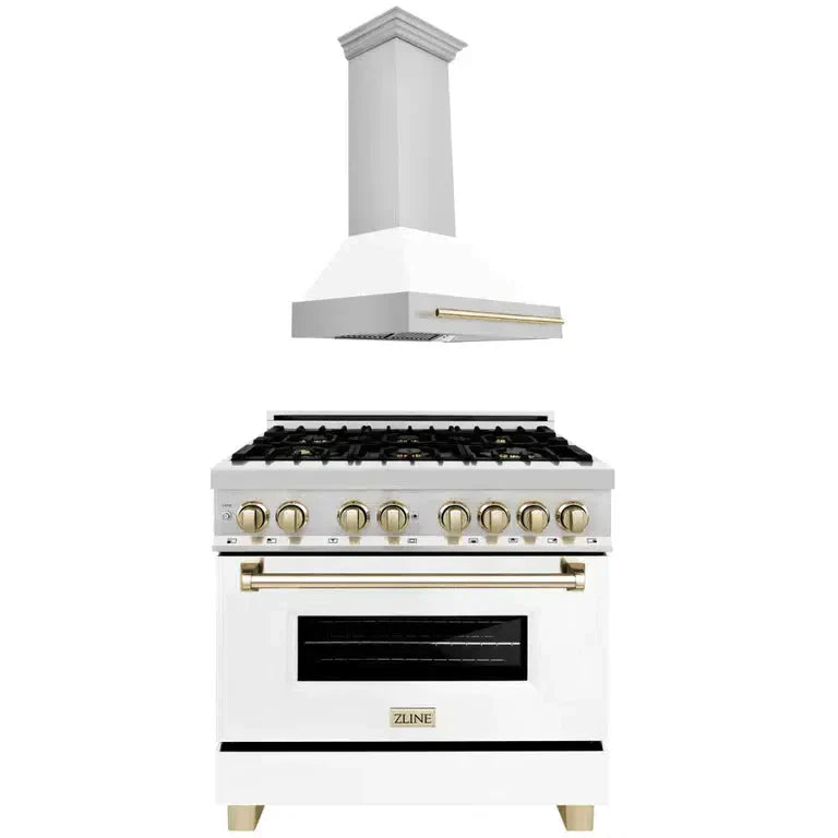 ZLINE Autograph Edition 36 in. Kitchen Package with Stainless Steel Dual Fuel Range with White Matte Door and Range Hood with Polished Gold Accents (2AKP-RAWMRH36-G)
