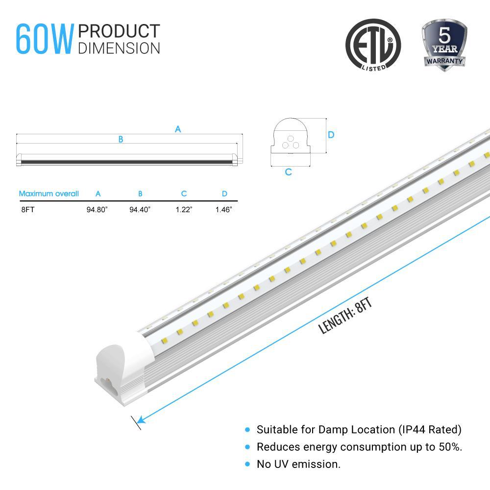 8ft LED Shop Light Fixture, 60W V Shape 6500K 7200LM Clear Cover, AC100-277V, ETL Listed, Plug and Play, Damp Location, High Output T8 Integrated LED Tube, Linkable LED Shop Lights for Garage, Warehouse, Workshop