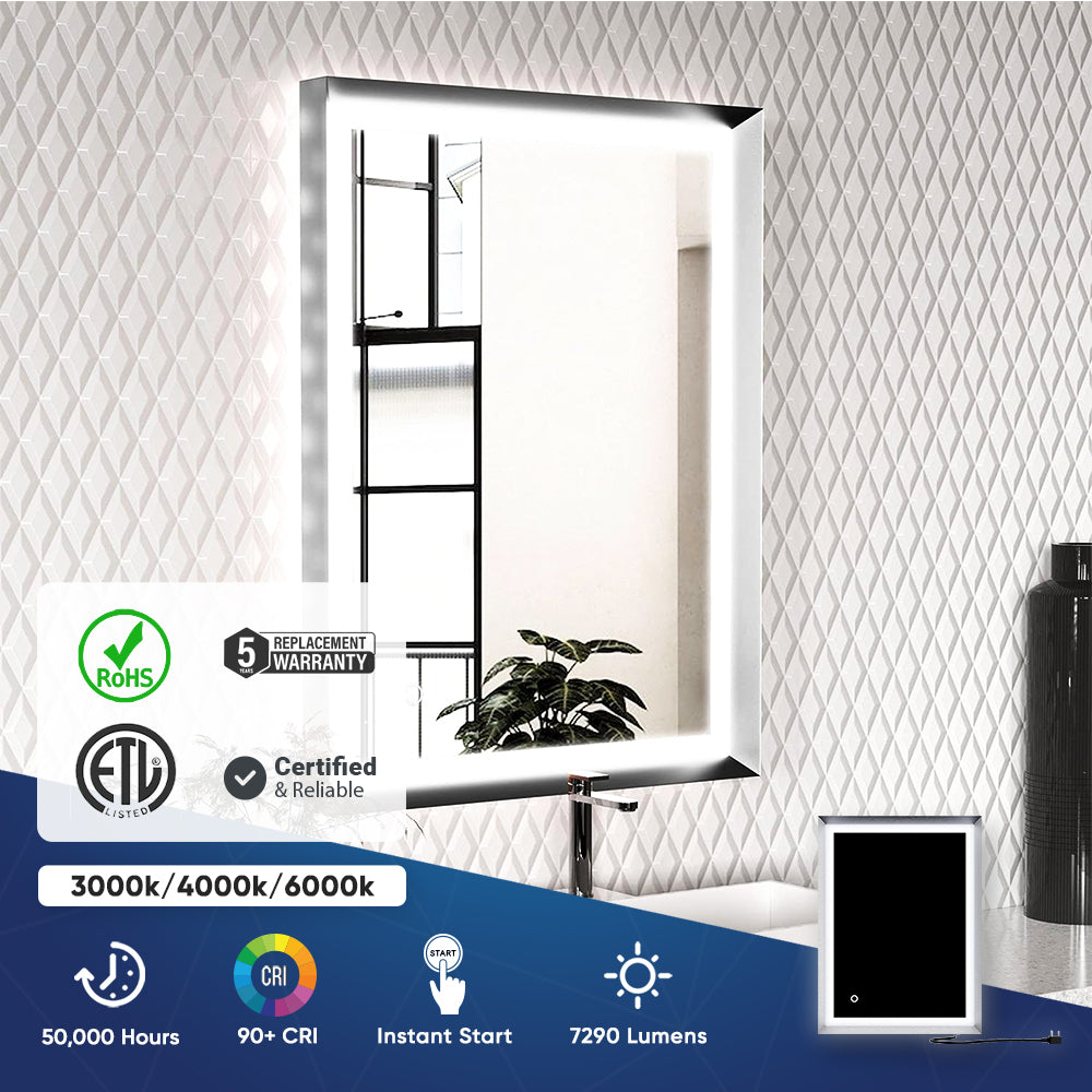 Frontlit/Backlit LED Lighted Bathroom Vanity Mirror with Frame, Anti-Fog, Touch Button, CRI 90+, Adjustable CCT & Memory, Magnum Style