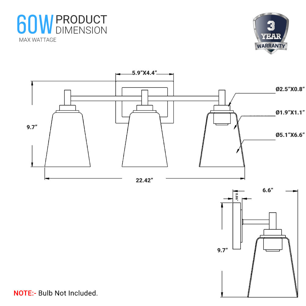 Flared Shape Bathroom Light Fixtures with Clear Glass Shade, E26 Base, UL Listed for Damp Location, Wall Mount, Bathroom Vanity Lighting