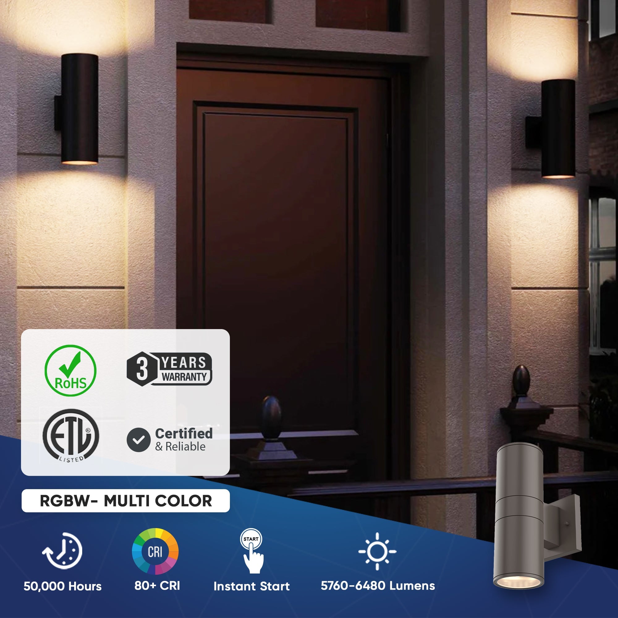 LED Outdoor Up & Down Lights With Remote, RGBW, Cylinder, 18WX1, AC100-277V, IP65, ETL CE RoSH Approval, Outdoor Wall Lights