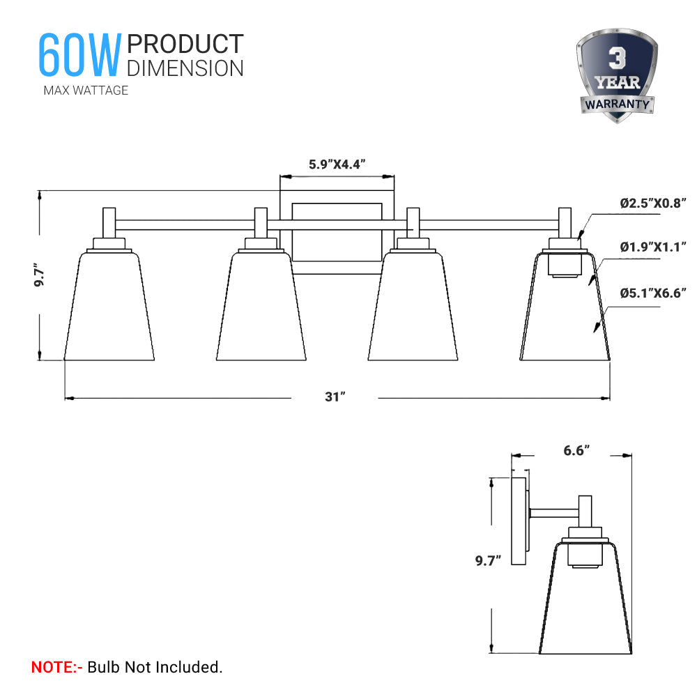 Flared Shape Bathroom Light Fixtures with Clear Glass Shade, E26 Base, UL Listed for Damp Location, Wall Mount, Bathroom Vanity Lighting