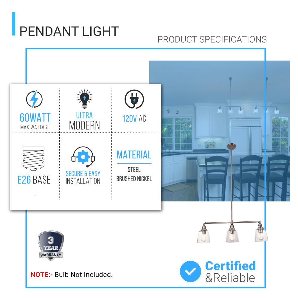 3-Lights Bell Shape Kitchen Island Pendant Lighting, Clear Glass Shade, E26 Base, UL Listed