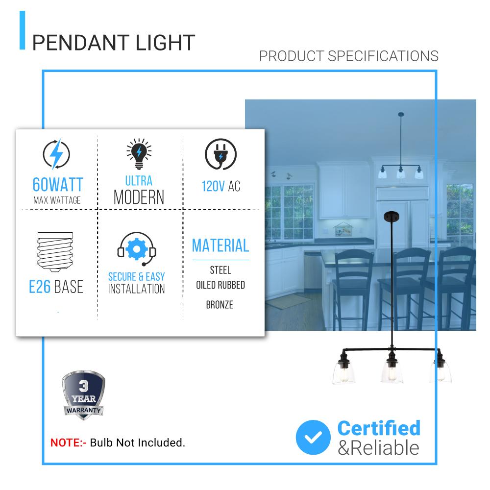 3-Lights Bell Shape Kitchen Island Pendant Lighting, Clear Glass Shade, E26 Base, UL Listed