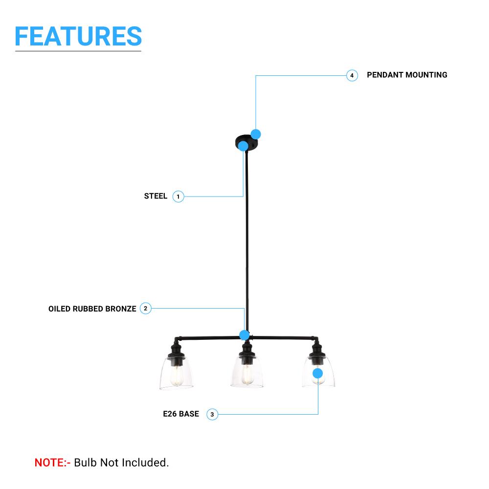 3-Lights Bell Shape Kitchen Island Pendant Lighting, Clear Glass Shade, E26 Base, UL Listed