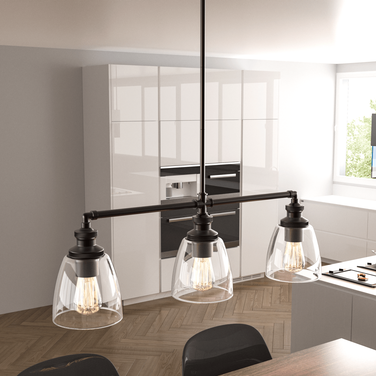 3-Lights Bell Shape Kitchen Island Pendant Lighting, Clear Glass Shade, E26 Base, UL Listed