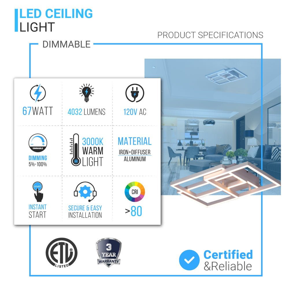 3-Lights, Geometric Modern Ceiling Lights, Surface Mounting, 67W, 3000K(Warm White), 4032LM, Sand white Body Finish, Dimmable, Hallway Light Fixtures