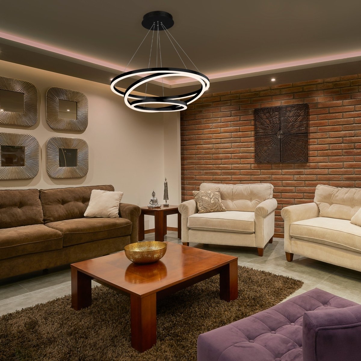 3-Ring LED Light Circular Chandelier, 102W, 3000K, 4335LM, Matte Black Body Finish, Dimmable, Pendant Mounting