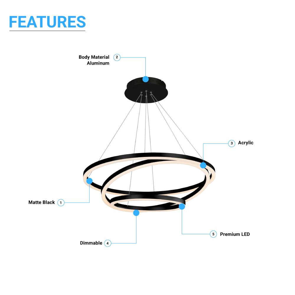 3-Ring LED Light Circular Chandelier, 102W, 3000K, 4335LM, Matte Black Body Finish, Dimmable, Pendant Mounting