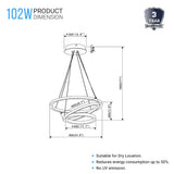 3-Ring LED Light Circular Chandelier, 102W, 3000K, 4335LM, Matte Black Body Finish, Dimmable, Pendant Mounting