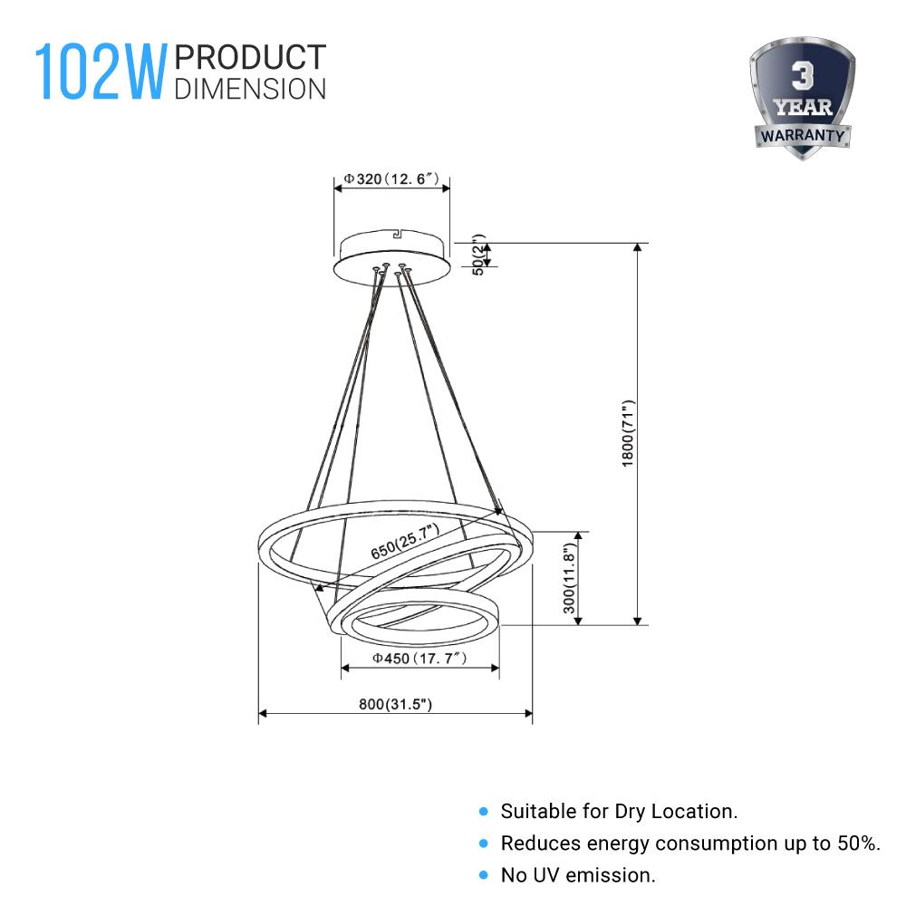 3-Ring LED Light Circular Chandelier, 102W, 3000K, 4335LM, Matte Black Body Finish, Dimmable, Pendant Mounting