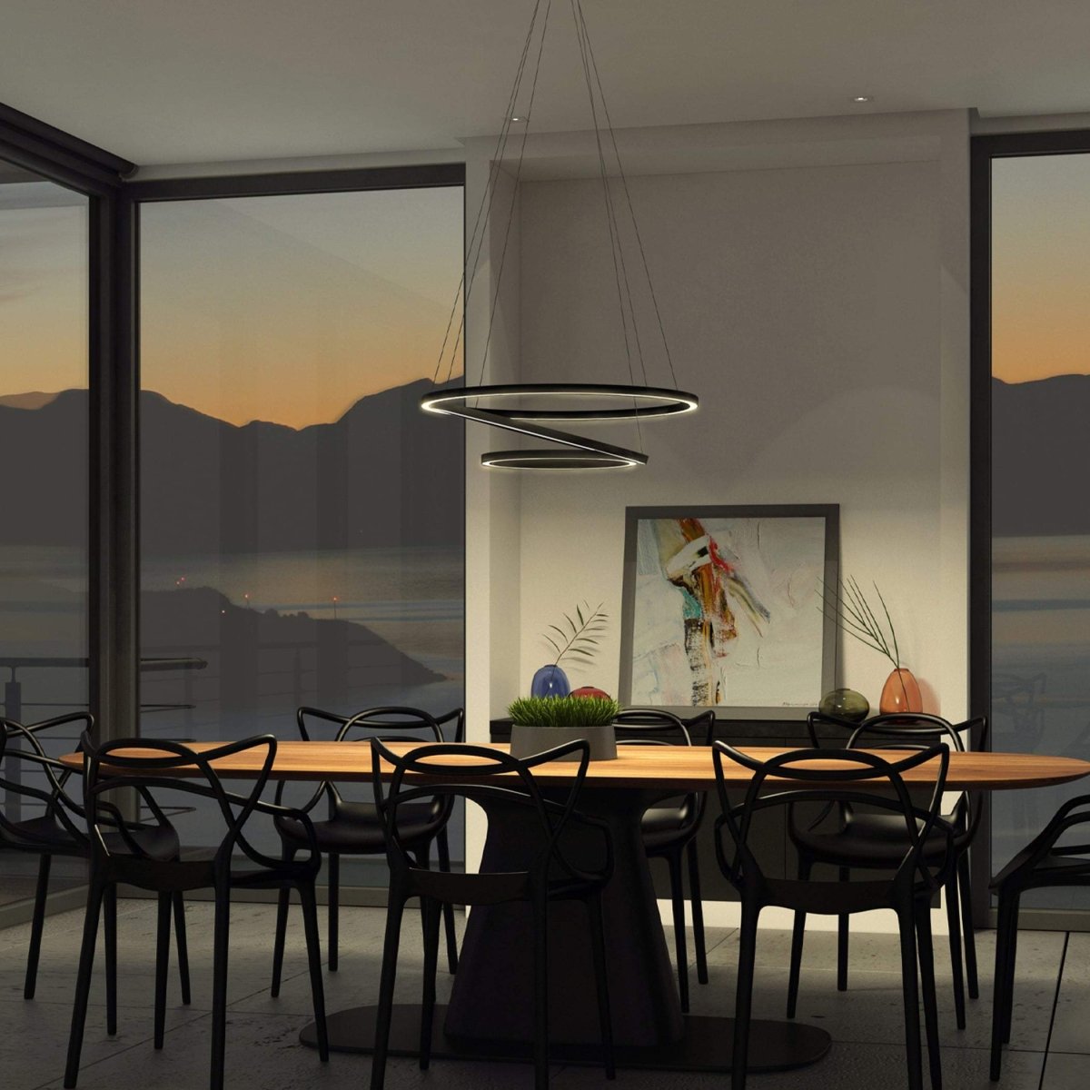 3-Ring LED Light Circular Chandelier, 102W, 3000K, 4335LM, Matte Black Body Finish, Dimmable, Pendant Mounting