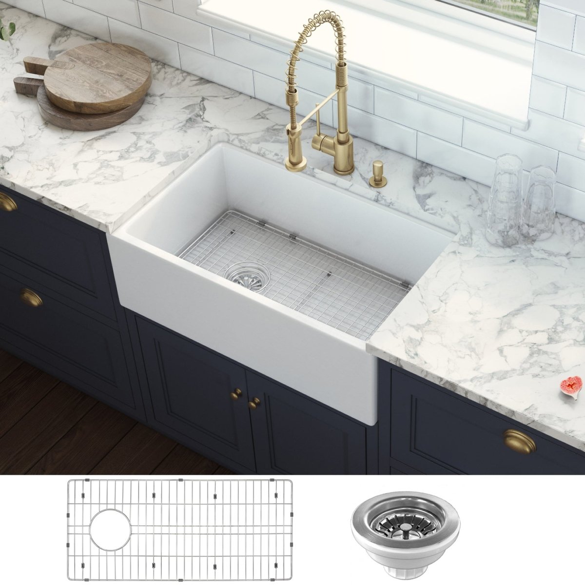 30-inch Fireclay Farmhouse Offset Drain Kitchen Sink Single Bowl White