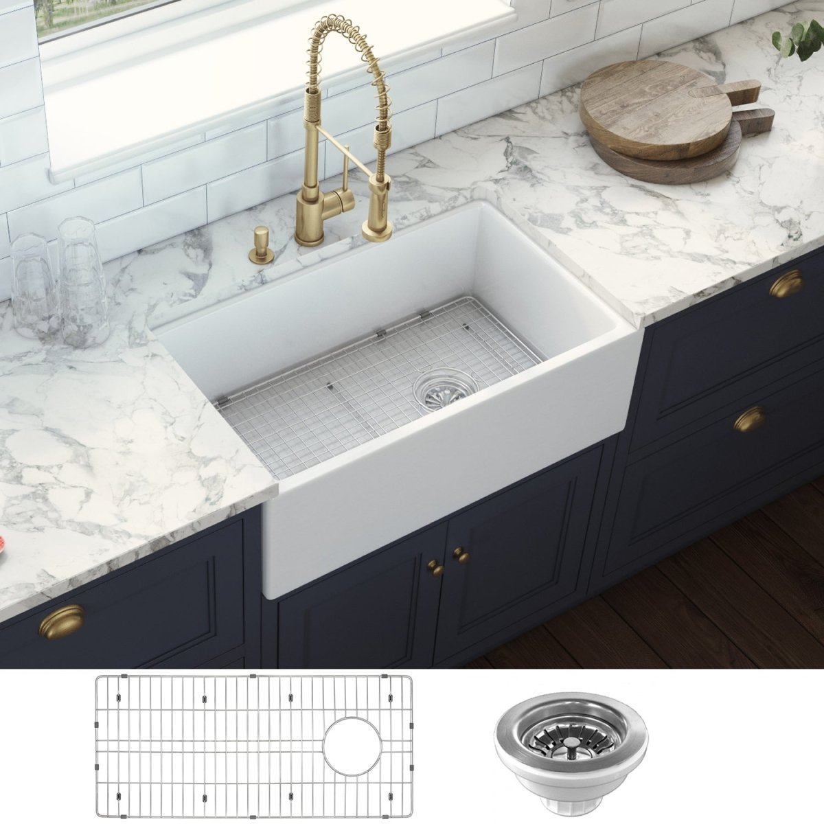 30-inch Fireclay Farmhouse Offset Drain Kitchen Sink Single Bowl White
