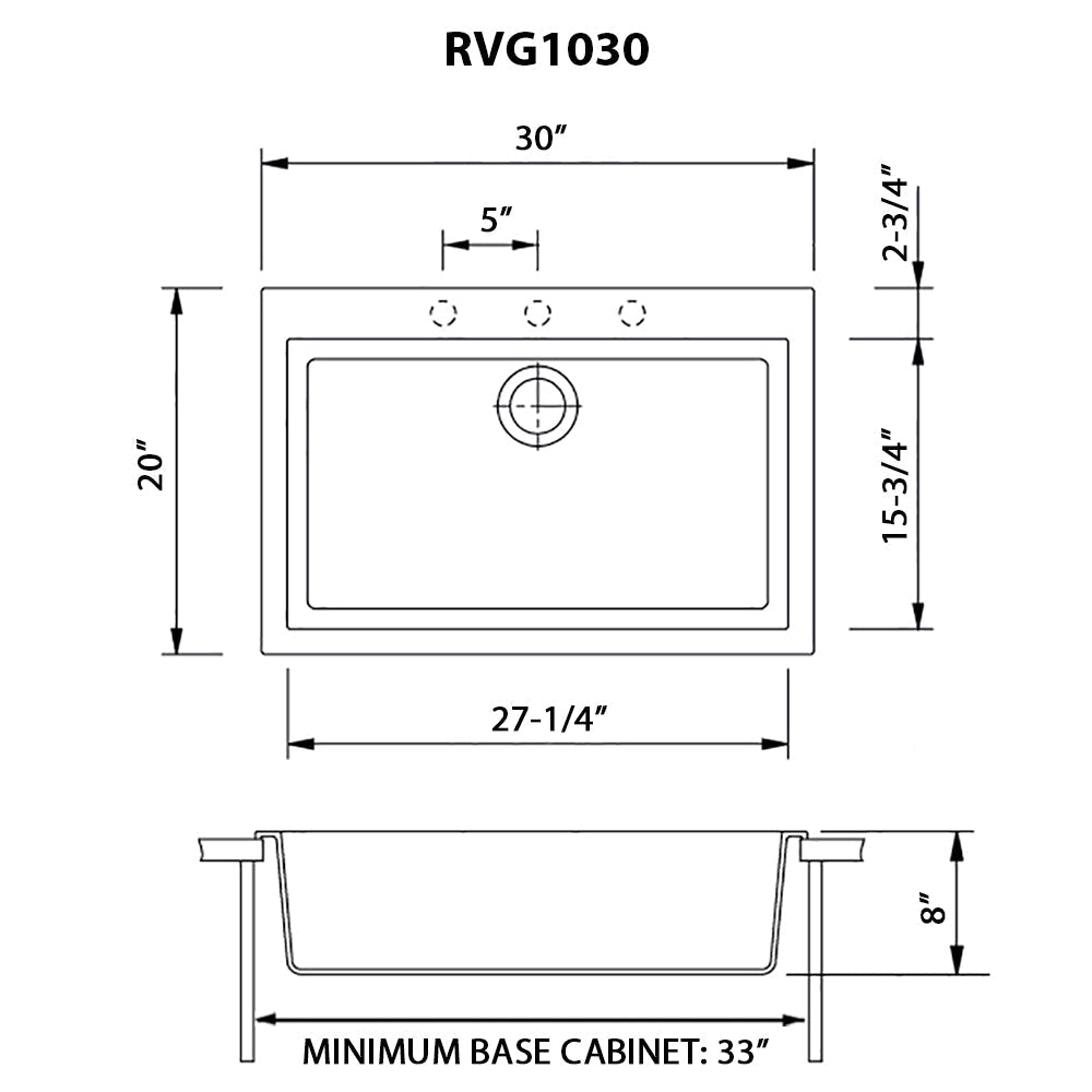 30 x 20 inch Drop-in Topmount Granite Composite Single Bowl Kitchen Sink