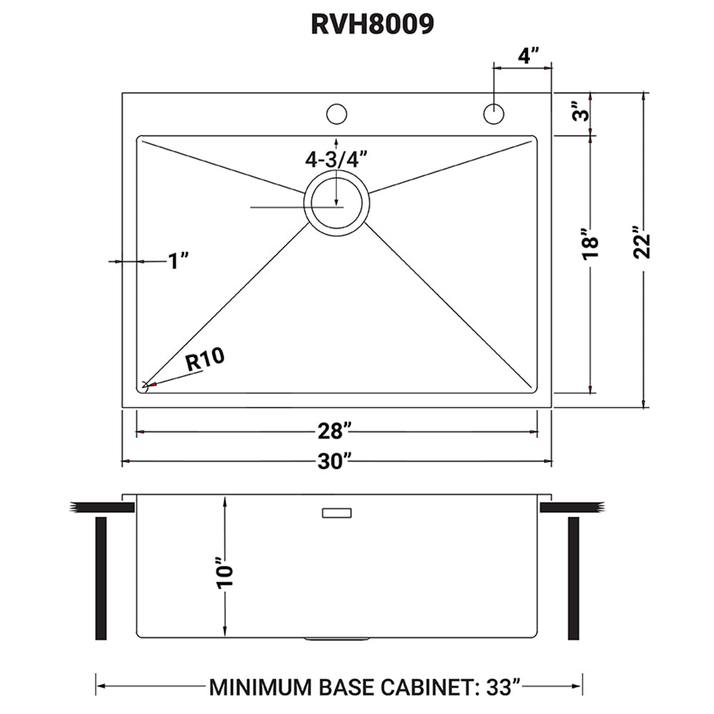 30 x 22 inch Drop-in Tight Radius Topmount 16 Gauge Stainless Steel Kitchen Sink Single Bowl