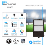 300 watt LED Flood Light 5700K IP65 39000 Lumens Bronze, Dimmable, Floodlight for Backyard|Court|Stadium|Yard, Outdoor Waterproof Security Lights, Arena Lights