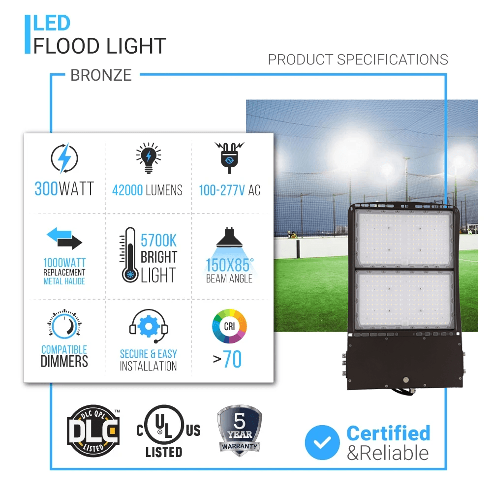 300 watt LED Flood Light 5700K IP65 39000 Lumens Bronze, Dimmable, Floodlight for Backyard|Court|Stadium|Yard, Outdoor Waterproof Security Lights, Arena Lights