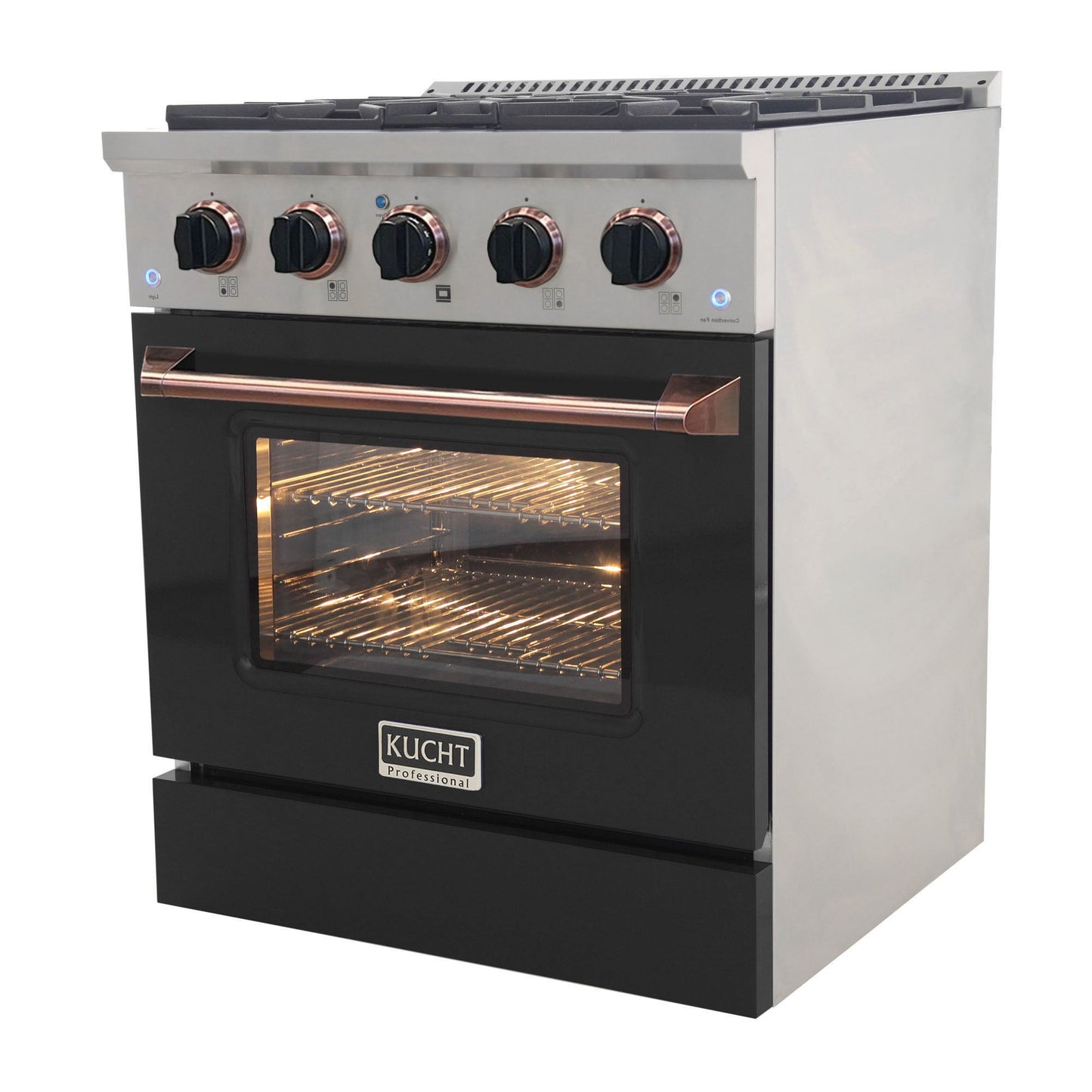 KUCHT Professional 30 in. 4.2 cu. ft.¨Propane Gas Range with Sealed Burners and Convection Oven in Stainless Steel with Black Oven Door, Black Knobs and Knob Rings