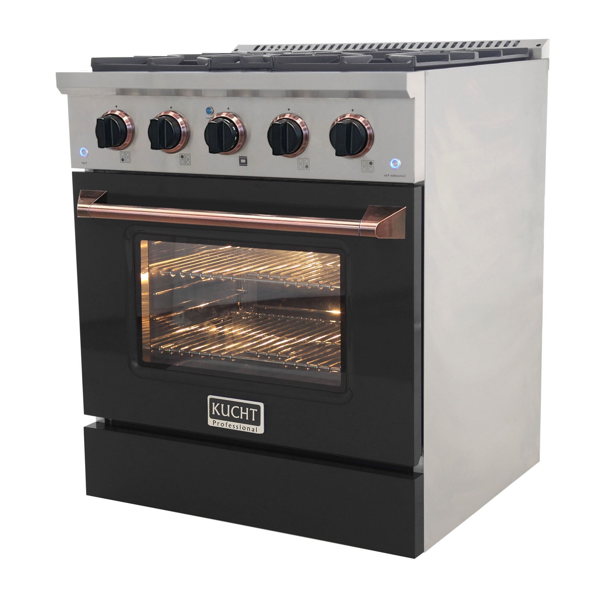 KUCHT Professional 30 in. 4.2 cu. ft. Dual Fuel Range for Natural Gas with Sealed Burners and Convection Oven in Stainless Steel with Black Oven Door Black Knobs and Gold Ring Knobs