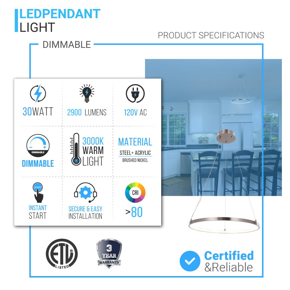 30W Round LED Pendant Light, Brushed Nickel Finish, Dimmable, 3000K (Warm White), 2900 Lumens, ETL Listed
