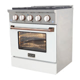 KUCHT Professional 30 in. 4.2 cu. ft. Dual Fuel Range for Propane Gas with Sealed Burners and Convection Oven in Stainless Steel with White Oven Door White Knobs and Gold Knob Rings