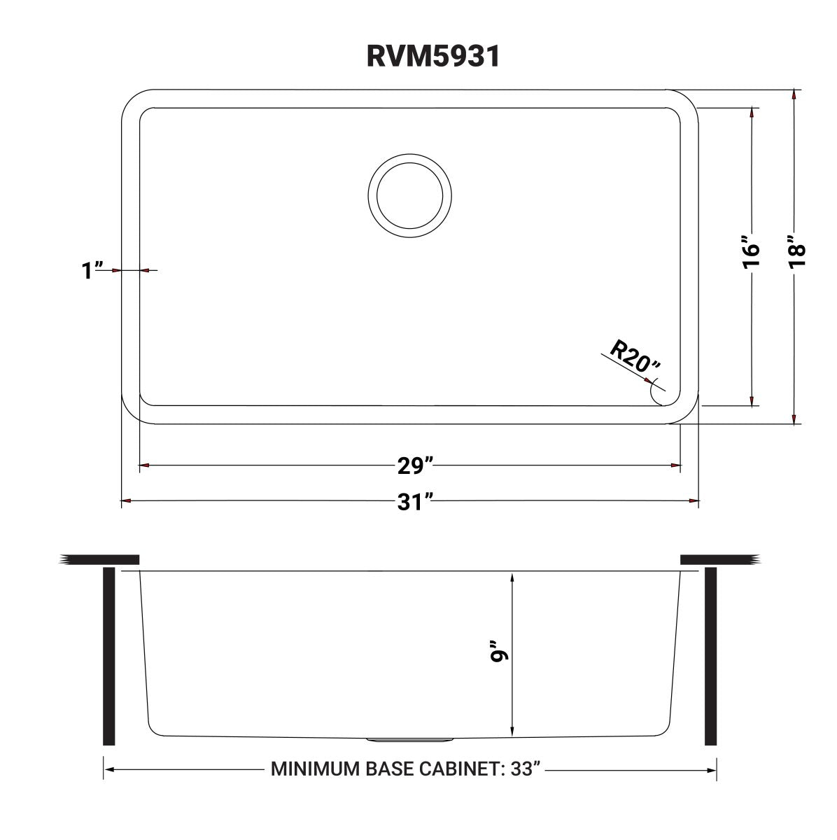 31-inch Undermount Kitchen Sink 16 Gauge Stainless Steel Single Bowl