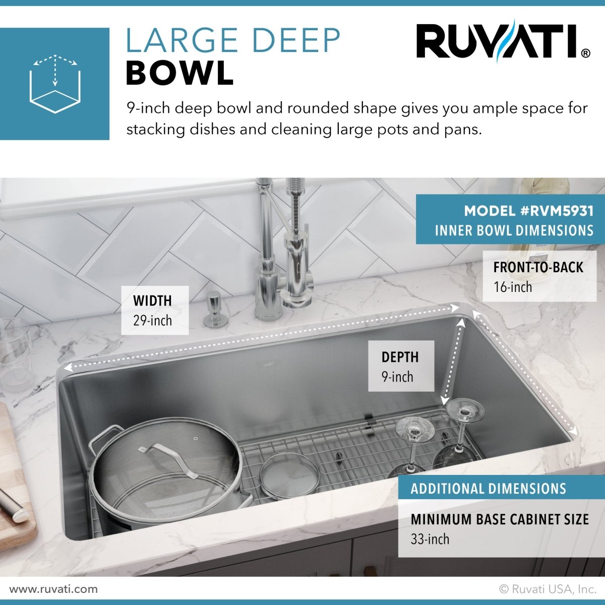 31-inch Undermount Kitchen Sink 16 Gauge Stainless Steel Single Bowl