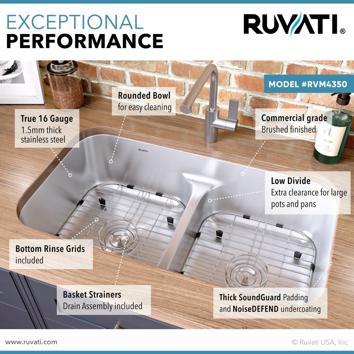 32-inch Low-Divide 50/50 Double Bowl Undermount 16 Gauge Stainless Steel Kitchen Sink