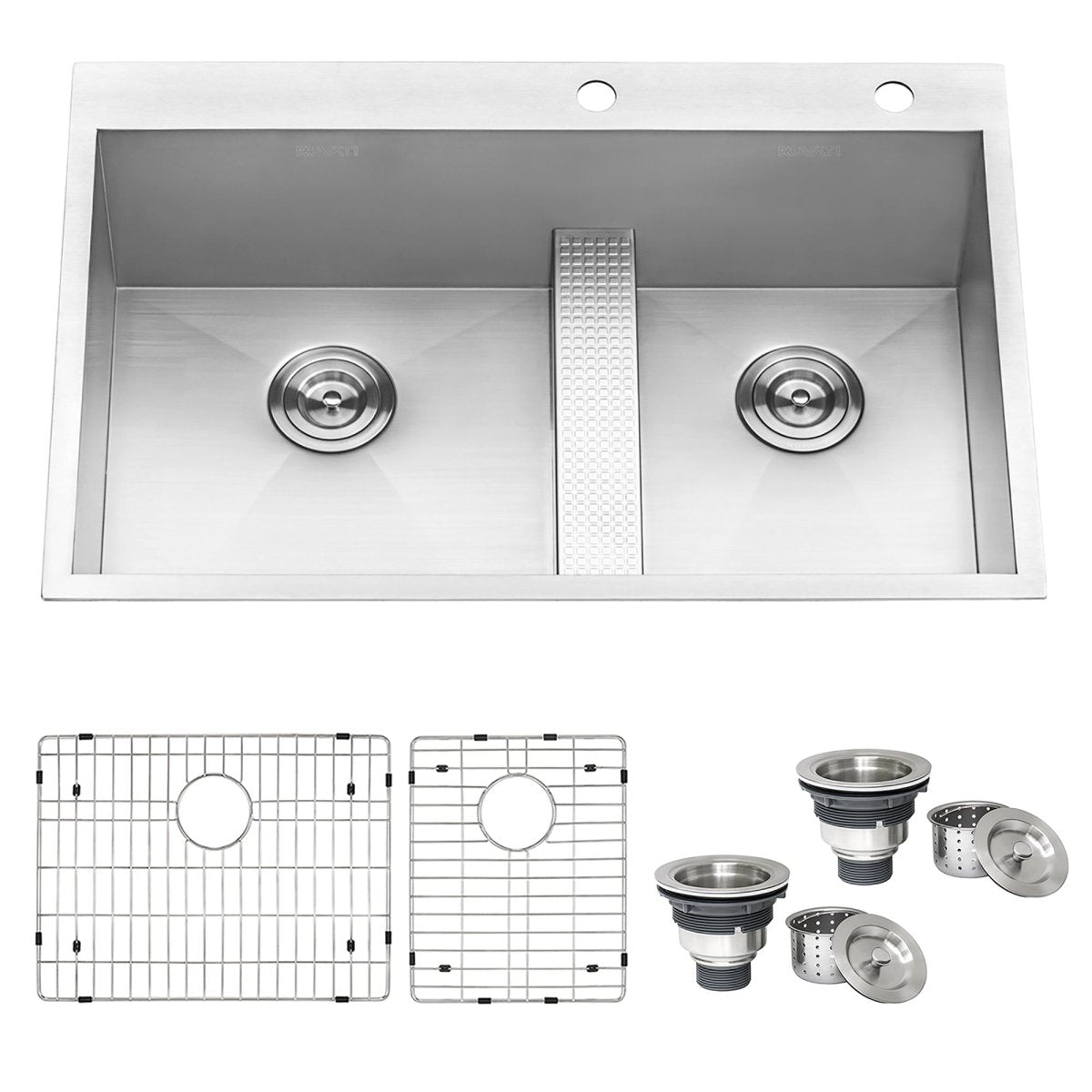 33-inch Drop-in Low Platform-Divide Zero Radius 60/40 Double Bowl 16 Gauge Topmount Kit