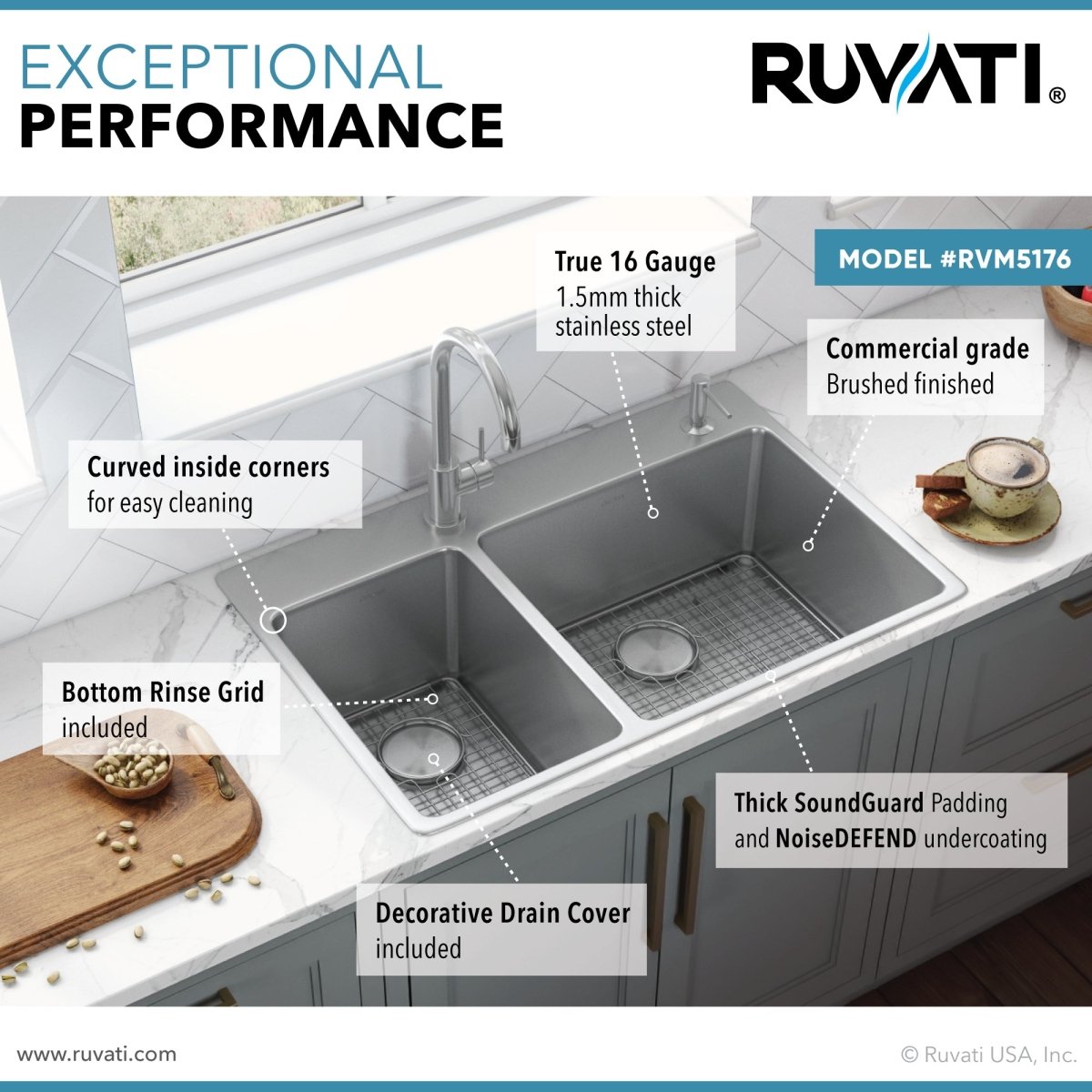 33 x 22 inch Drop-in Topmount Kitchen Sink 16 Gauge Stainless Steel Double Bowl